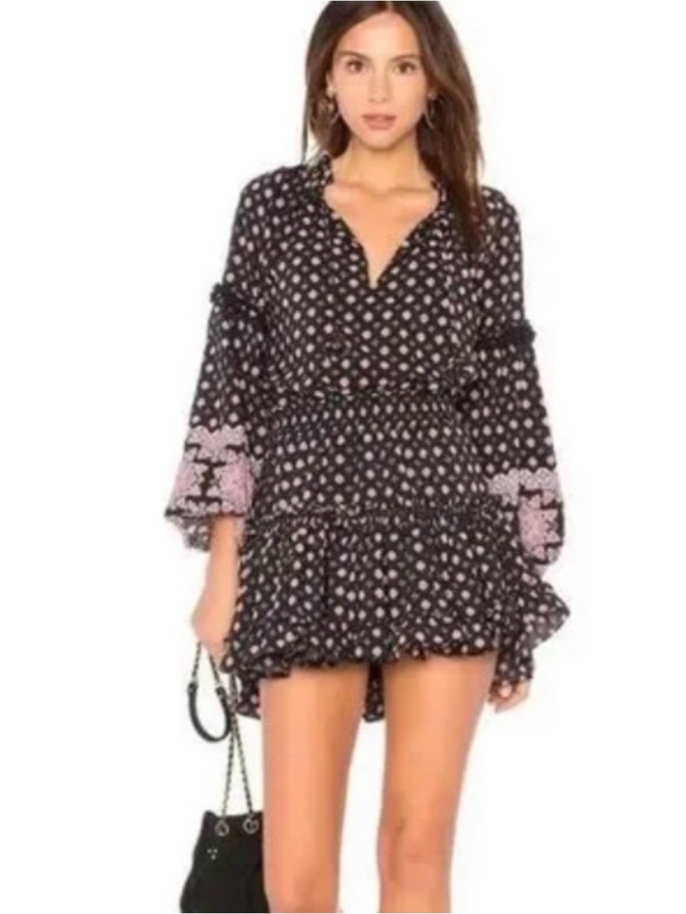 Misa Los Angeles Black Mini Dress with White Floral Print and Pink Cuff Detail